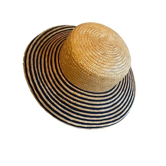 Classic Straw Beach Sun Hat Wide Black Striped Brim One Size - Picture 1 of 5
